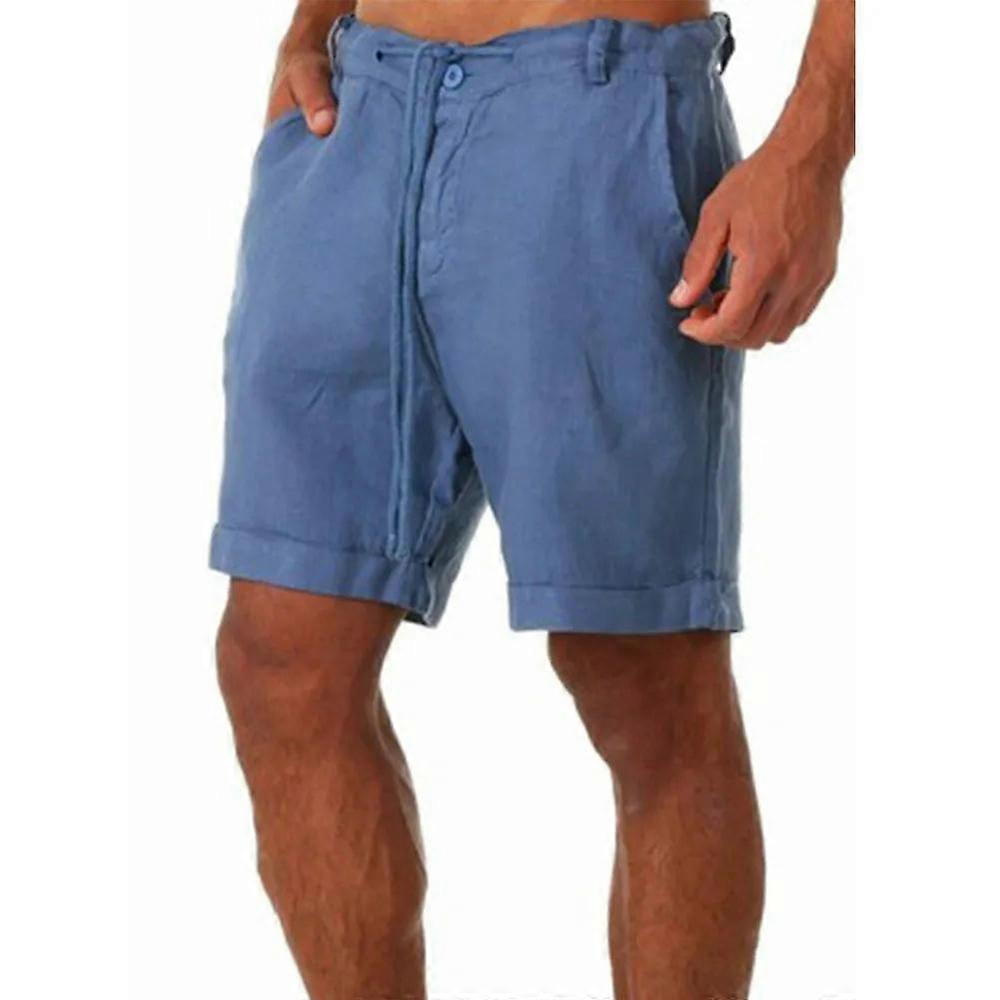Men's Cotton Linen Shorts Elastic Waist Drawstring Casual Summer Beach Short-navy blue
