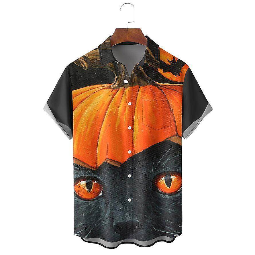 Men's Fun Tops Pumpkin Skull Shirt Short Sleeve Button Up Halloween Shirt Casual Lapel Cardigan Costume