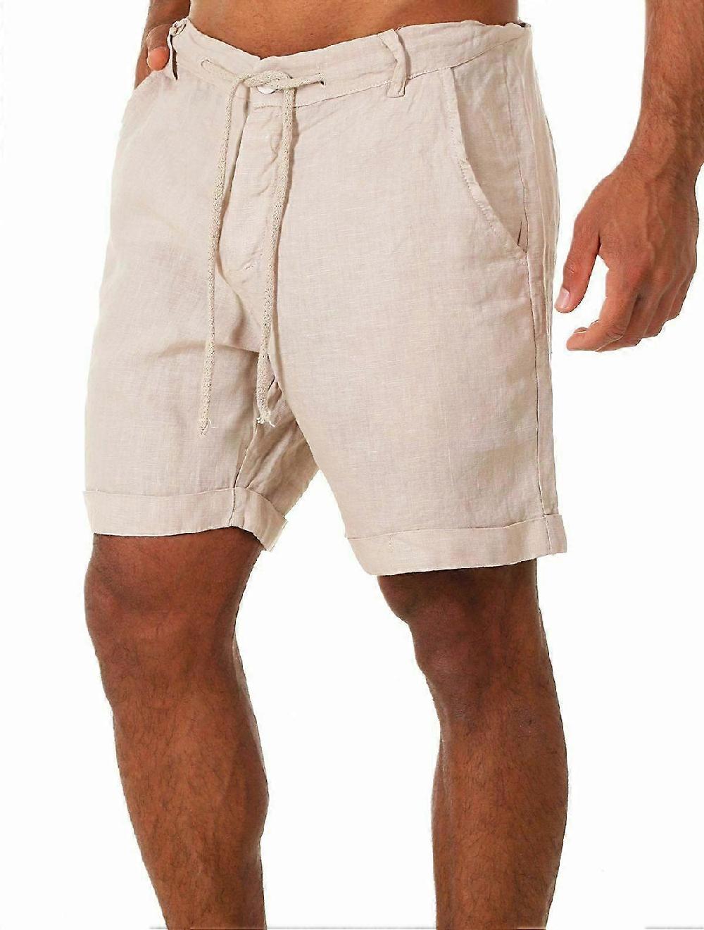 Men's Linen Casual Classic Short Elastic Waist Summer Lightweight Short with Pockets-Beige