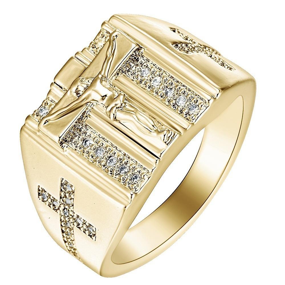 Men's Ring Cross Ring Plated 18k Yellow Gold Jesus Inlaid Diamond Jewelry
