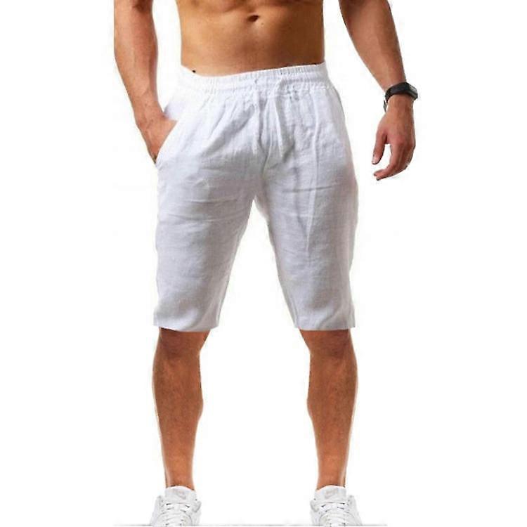 Mens Linen Shorts Casual Drawstring Summer Beach Shorts-white