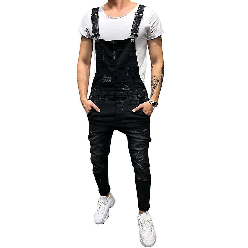 Mens strappato tuta in denim casual slim fit jeans Dungarees tuta da gioco tute con tasche