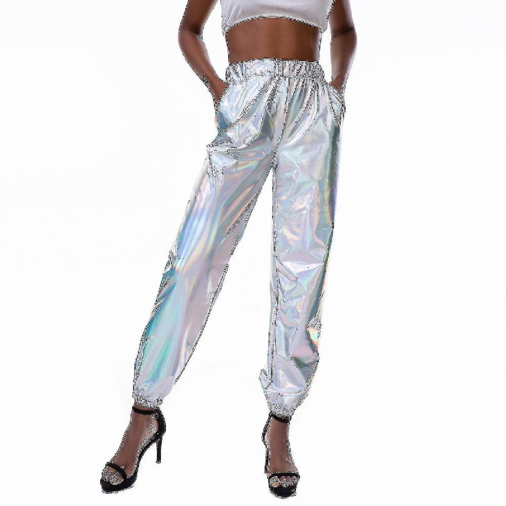 Moda Donna Olografico Streetwear Club Cool Shiny Causal Pants