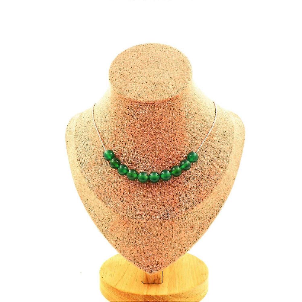 Necklace 10 Green Agate Beads 8 Mm Stainless Steel Chain