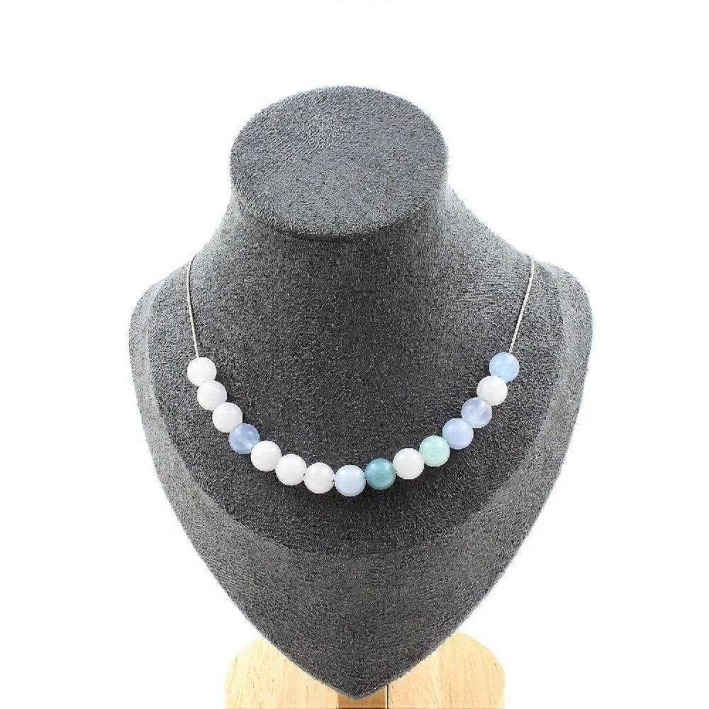 Necklace 15 Aquamarine Pearls 8 Mm Stainless Steel Chain