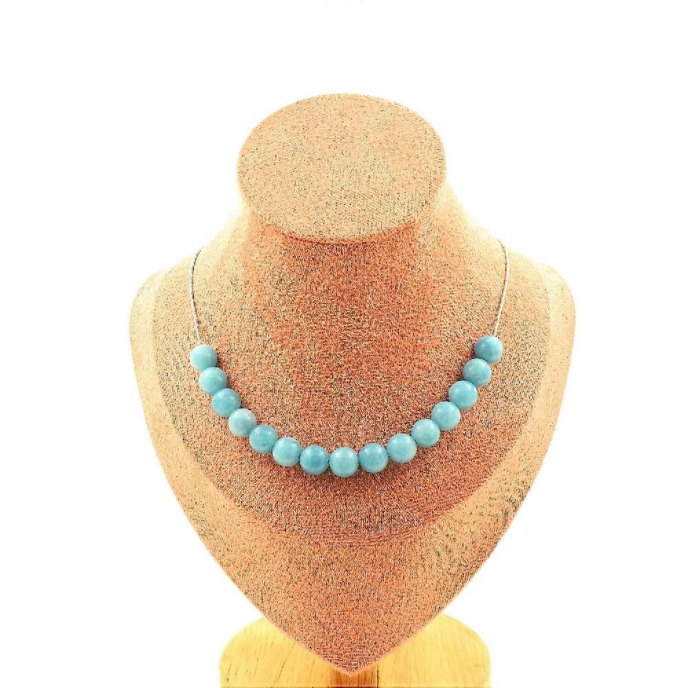 Necklace 15 Blue Chalcedony Beads 8 Mm Stainless Steel Chain