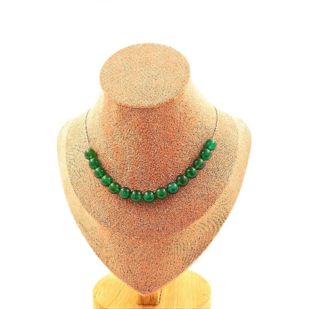 Necklace 15 green Agate beads 8 mm Stainless steel chain