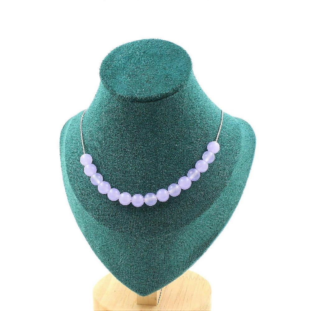 Necklace 15 lavender chalcedony beads 8 mm Stainless steel chain