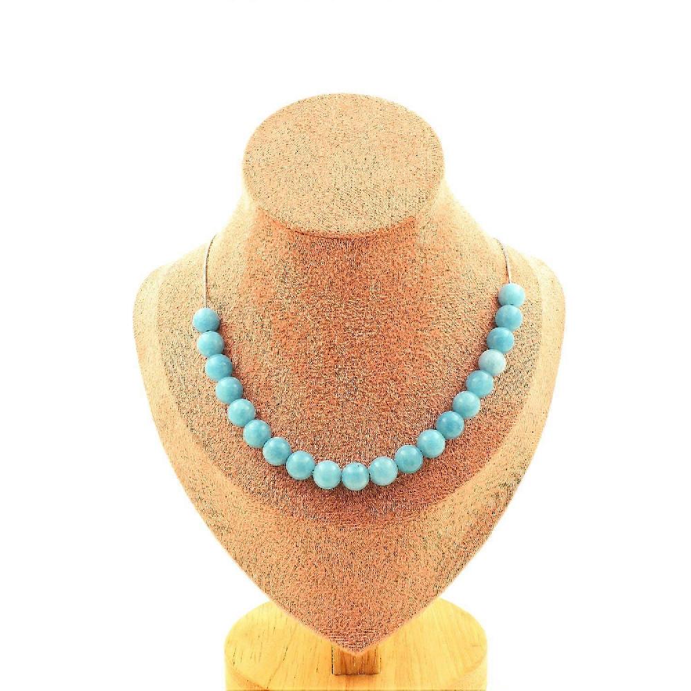 Necklace 20 Blue Chalcedony Beads 8 Mm Stainless Steel Chain