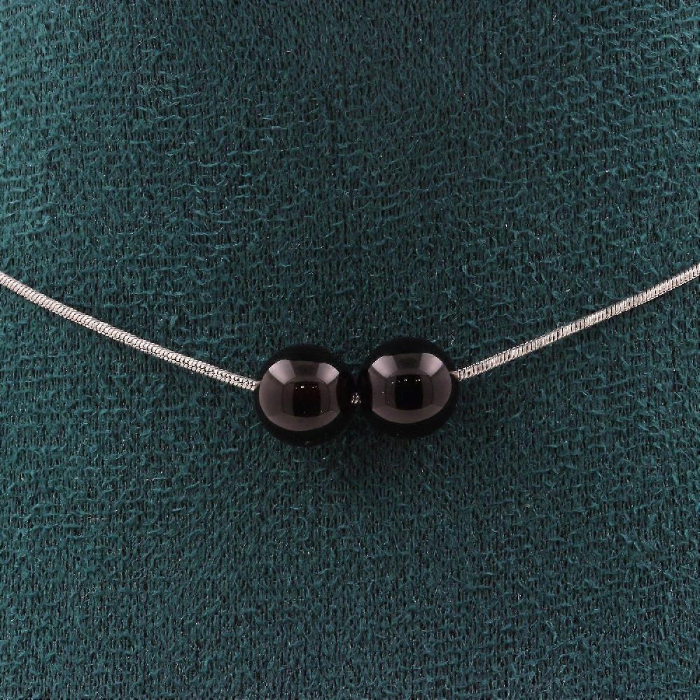 Necklace with 2 black agate beads 8 mm stainless steel chain