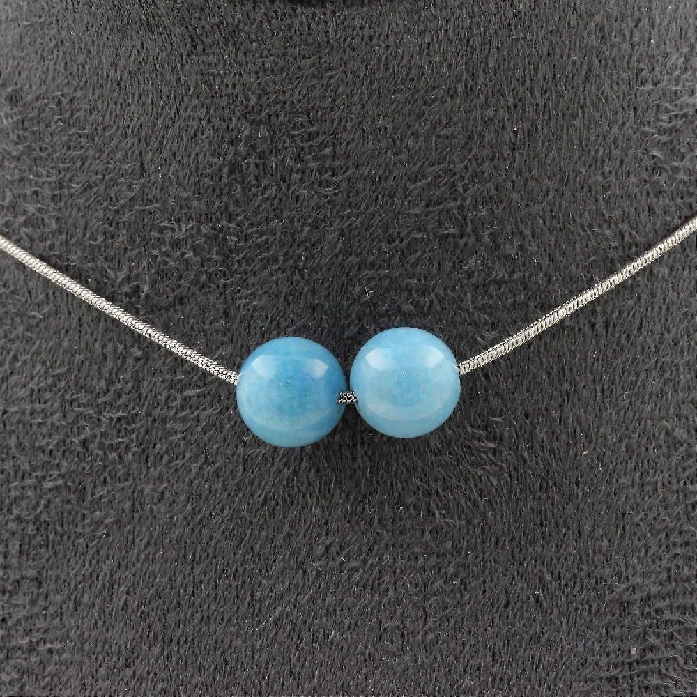 Necklace with 2 blue chalcedony beads 8 mm stainless steel chain