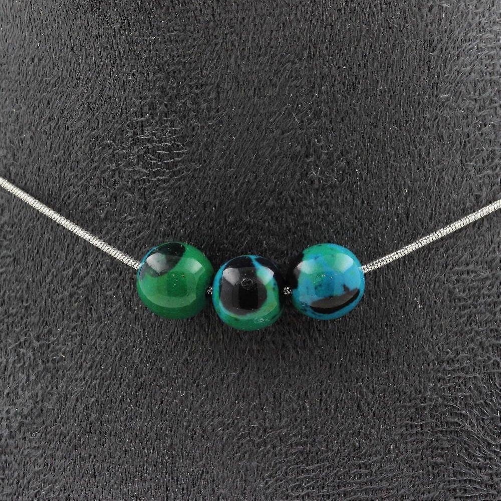 Necklace with 3 Tinted Chrysocolla beads 8 mm Stainless steel chain