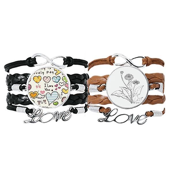 Nero Bianco Tarassaco Fiori Braccialetto Mano Cinturino In Pelle Amore Modello Polsino Doppio Set