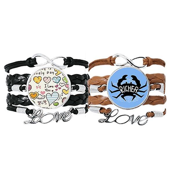 Nero Granchio Animale Contorno Bracciale Naturale Cinturino a mano Pelle Love Pattern Wristband Double Set