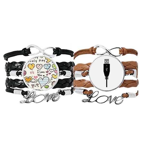 Nero USB Plug Cavo di ricarica Modello Braccialetto Cinturino a mano Pelle Love Pattern Wristband Double Set
