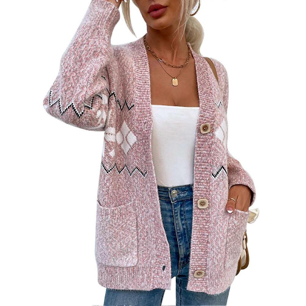 Open Front Sweater Button Up Long Sleeve Loose Fit Women Knit Outerwear With Pockets For Christmas Autumn Winter Pink M