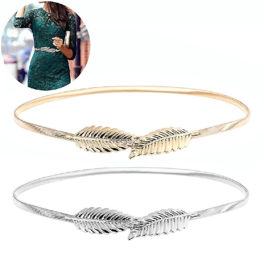 Oulii 2pcs Waist Belt Metal Leaves Waistband Elastic Stretch Waist Strap Cummerbund (golden & Silver)
