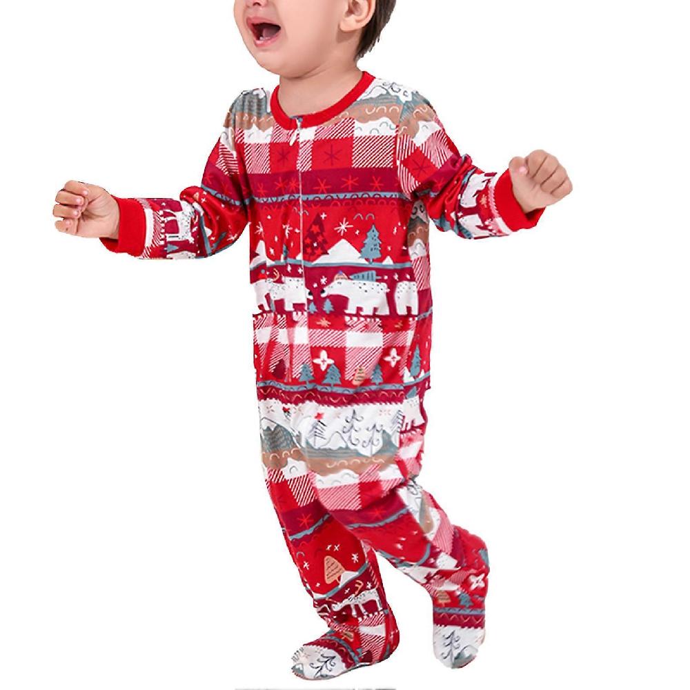Parent Children Christmas Sleepwear Set Crewneck Long Sleeve Splicing Breathable Family Pajamas Matching Set Red Baby 18-24M