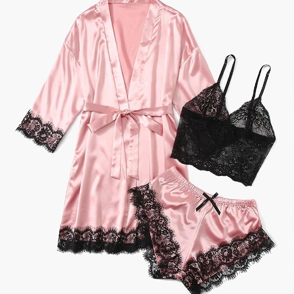 Pigiama in raso solido a 3 pezzi in pizzo Set Vestaglia corta a maniche lunghe + Top Cami con scollo a V + Lounge Shorts Donna Loungewear & Pigiameria