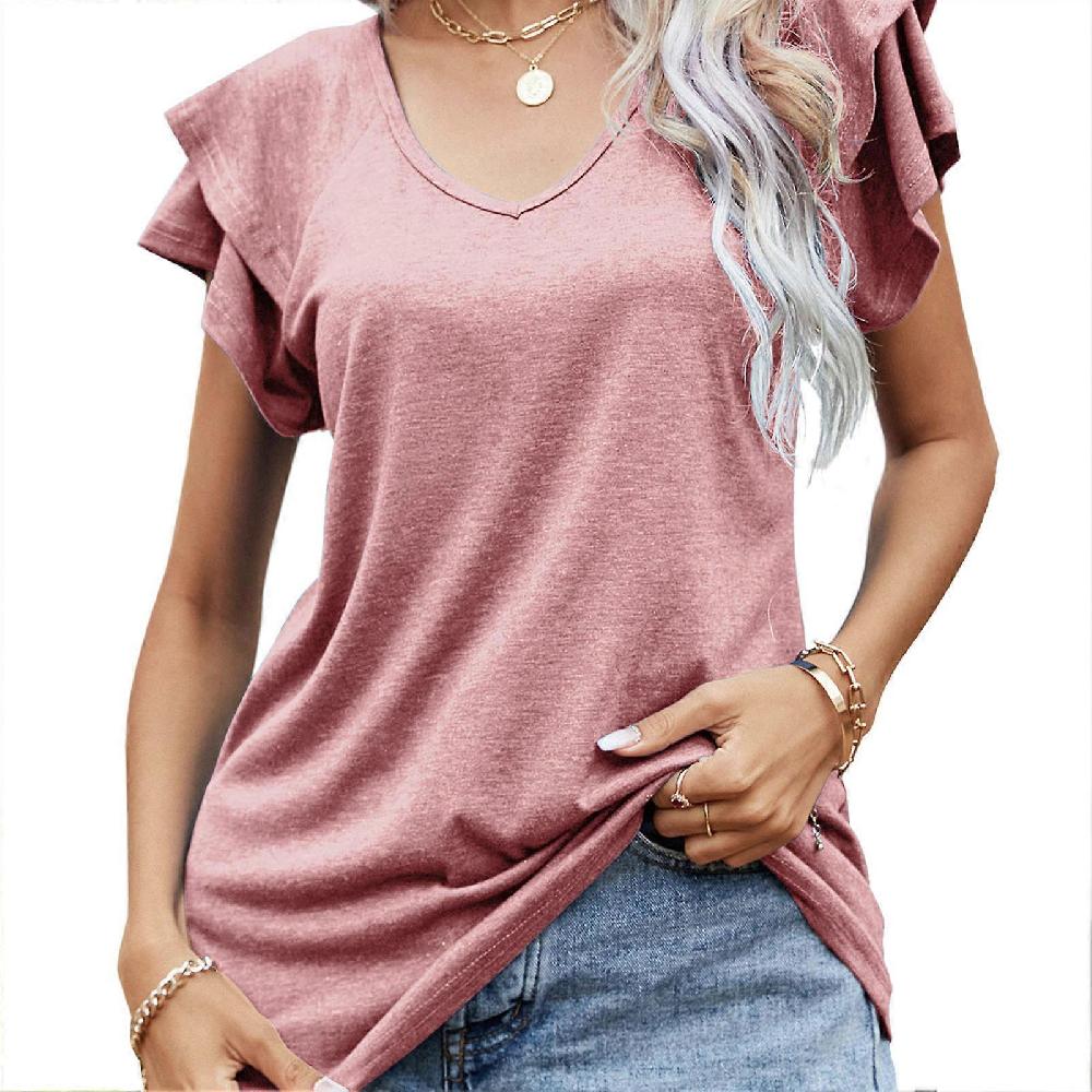 Pink M Women Top V Neck Short Double Layer Ruffle Sleeve Plain Loose Causal Comfortable Summer T Shirt