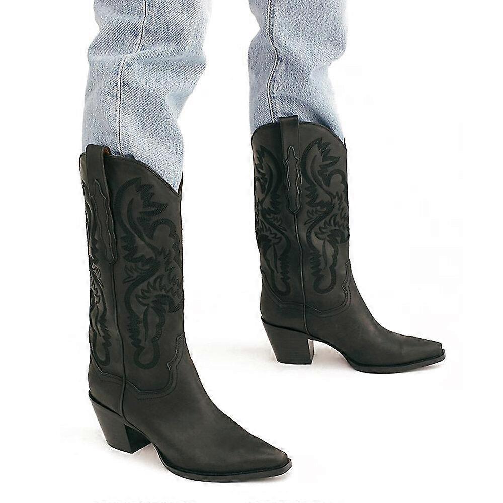 Plus Size Retro Women Floral Chunky Heel Mid-calf Cowboy Boots