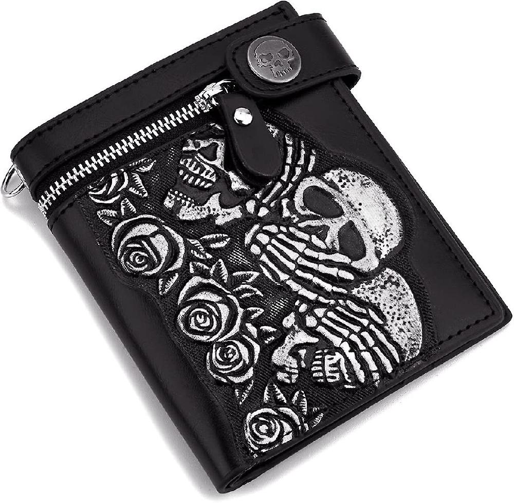 Portafoglio Da Uomo Punk Rocker Skull In Similpelle Con Catena Nera (4 7 Pollici)