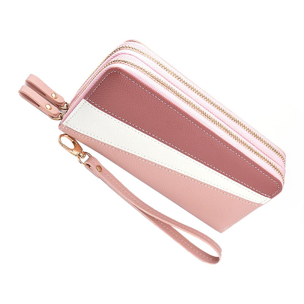 Portafoglio Lungo Donna Due Scomparti In Pelle PU 2-way Cerniera Grande Capacità Borsa A Mano Rosa