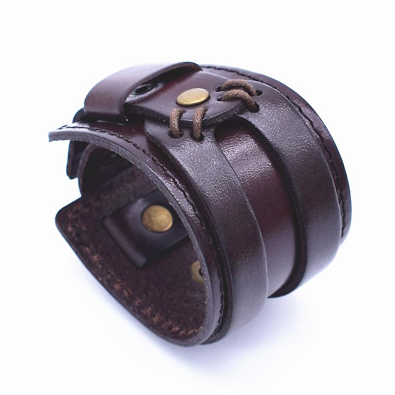 Punk Black With Brown Double Wide Leather Bracelets Adjustable Button Cuff Bangles For Men Friendship Bracelet Fashion Jewelry