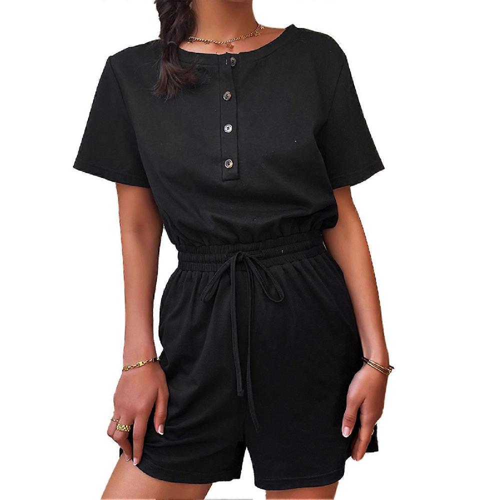Pure Color Short Sleeve Romper Women Summer Casual Button Drawstring Waist Jumpsuit for Daily Sports M Black