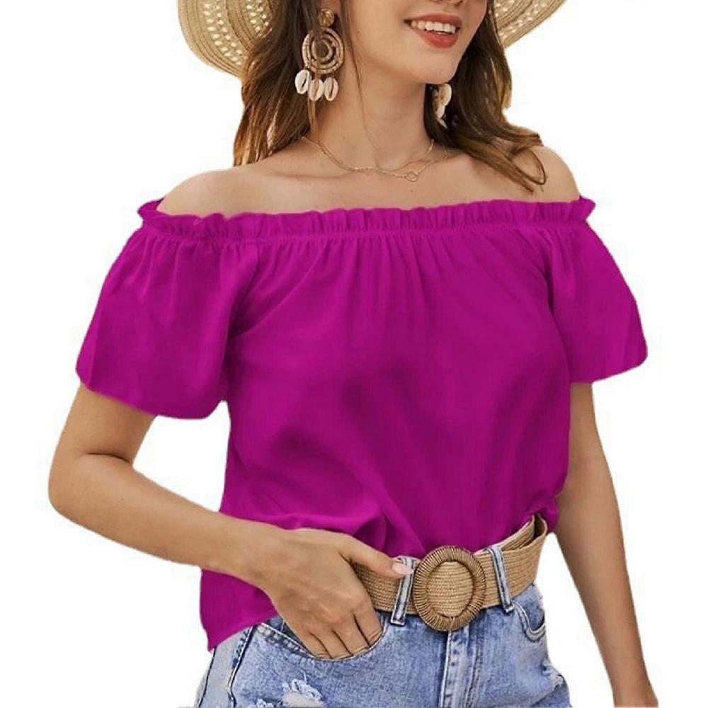 Purple L Women Off Shoulder Top Casual Plain Color Short Sleeve Frill Trim Loose Fit Summer Pullover Blouse