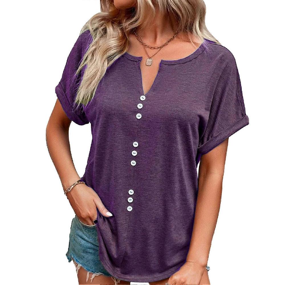 Purple M Women T Shirt Short Sleeve V Neck Pure Color Loose Fit Front Button Decoration Lady Casual Top For Spring Summer