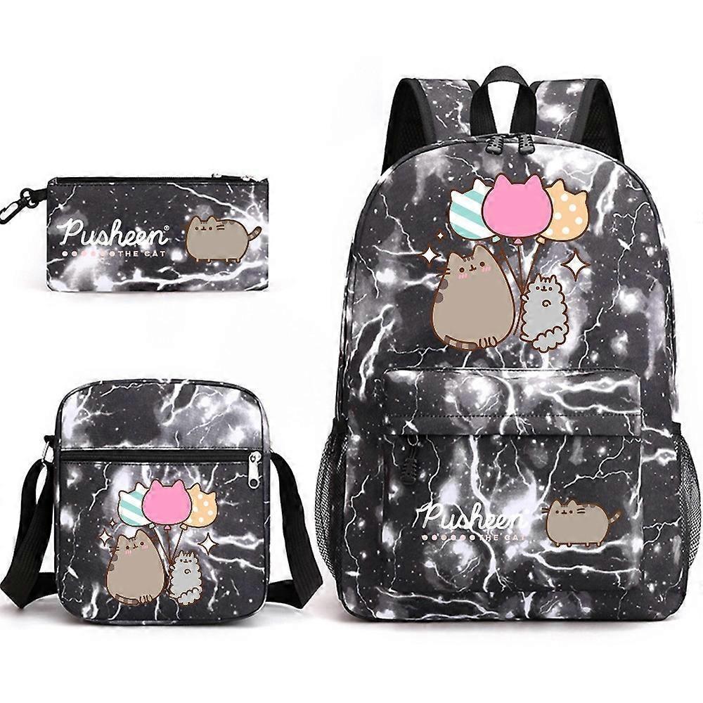 Pusheen Fat Cat Zaino Da Scuola In Tre Pezzi Zaino Per Studenti Casuali Maschio E Femmina Stampato Zaino Da Esterno Di Grande Capacità Lightning Black ~ 2