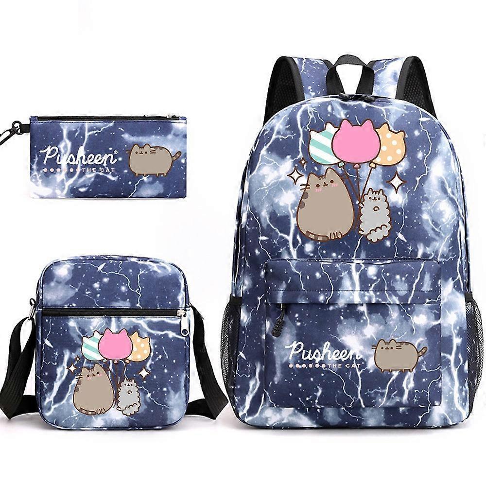 Pusheen Fat Cat zaino da scuola in tre pezzi zaino per studenti casuali maschili e femminili stampato zaino da esterno di grande capacità blu fulmine ~ 2