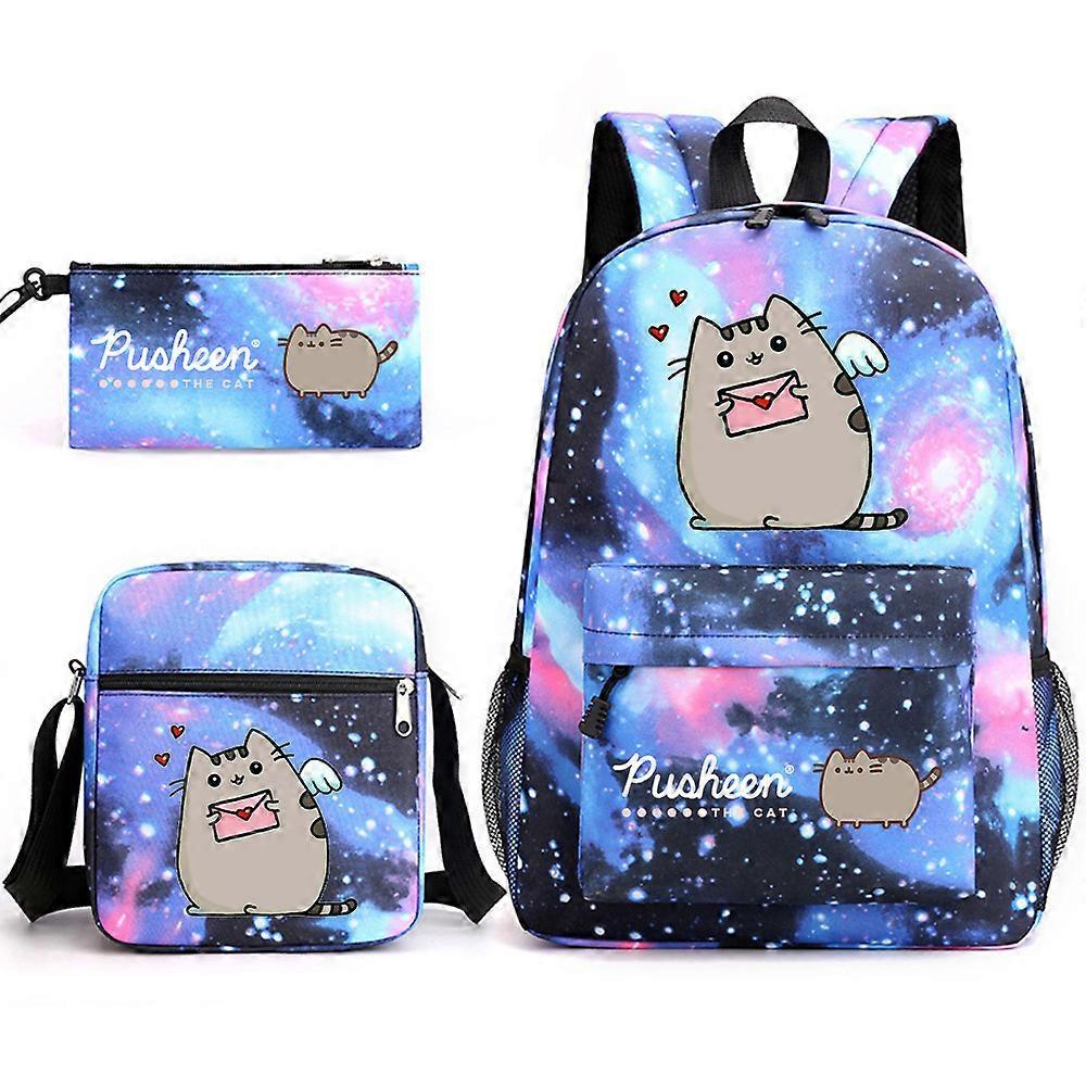 Pusheen Fat Cat Zaino Da Scuola In Tre Pezzi Zaino Per Studenti Maschio E Femmina Casuale Zaino Da Esterno Stampato Di Grande Capacità Blu Stellato ~ 1