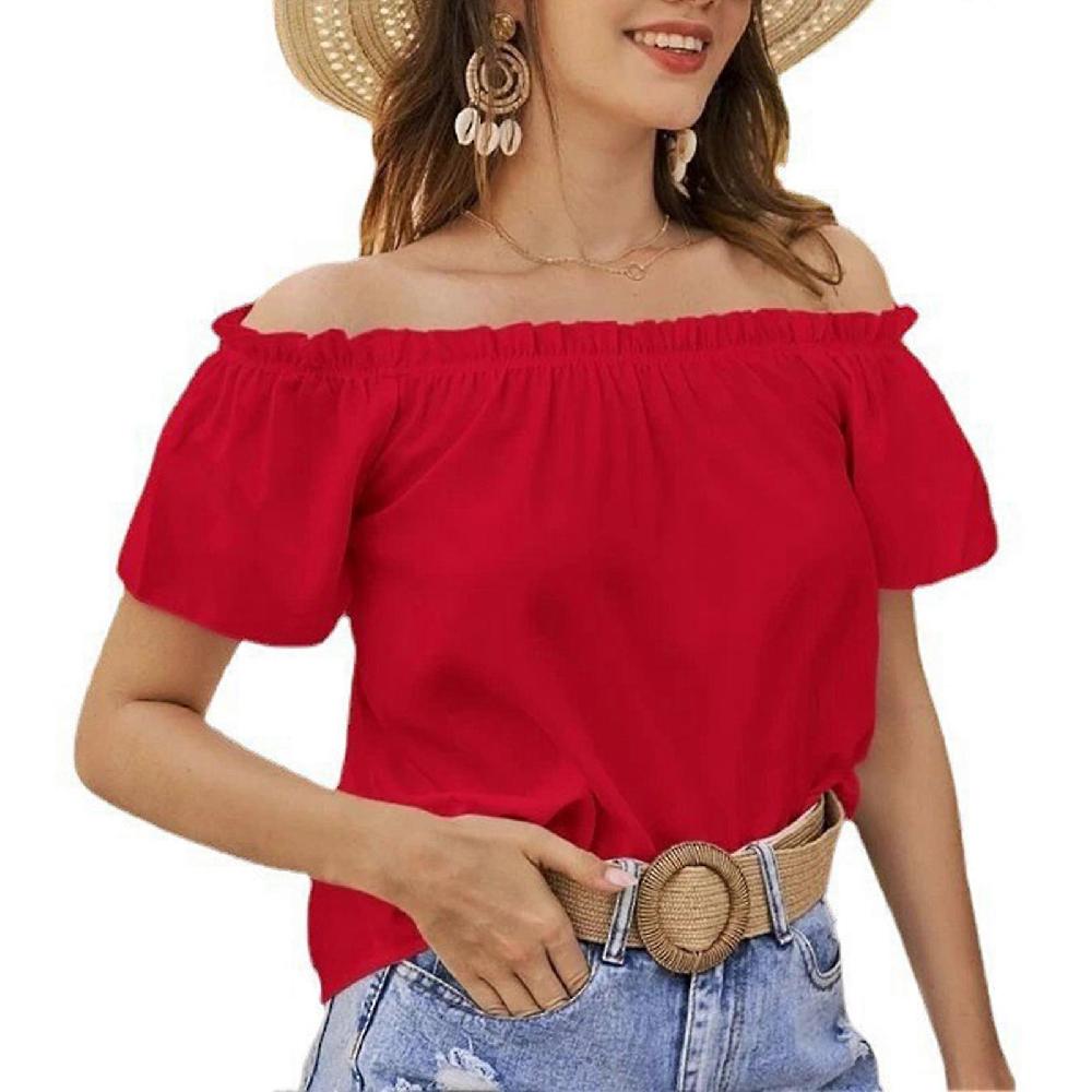Red S Women Off Shoulder Top Casual Plain Color Short Sleeve Frill Trim Loose Fit Summer Pullover Blouse