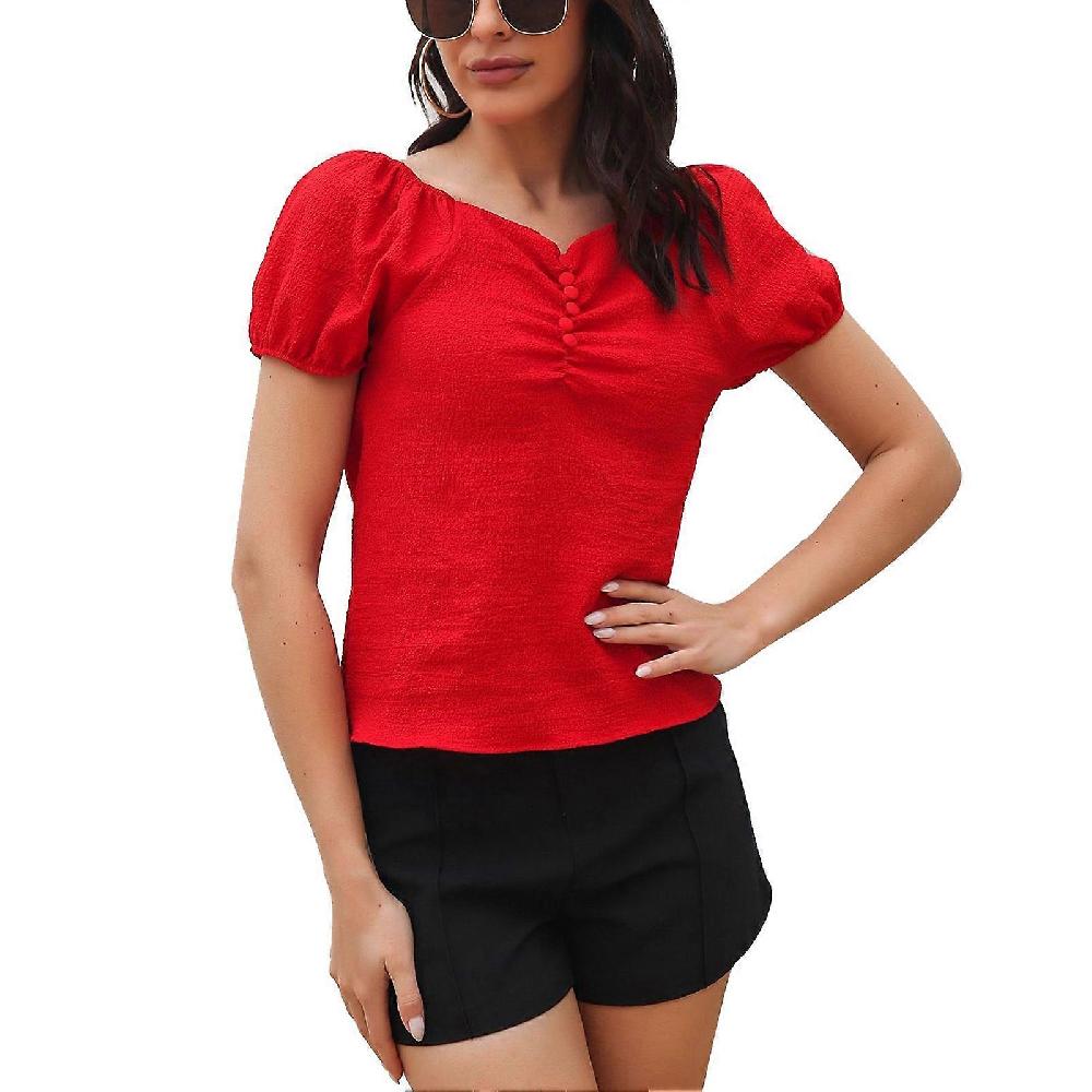 Red XL Women Puff Sleeve Top V Neck Short Sleeve Pleated Front Button Slim Fit Simple Plain Pattern Summer T Shirt