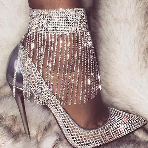 Rhinestone Ankle Bracelets Crystal Tassel Anklet 2pcs Glitter Tennis Foot Chain Wedding Jewelry Accessories For Women And Girls
