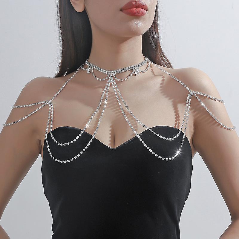 Rhinestone Body Chain Link Epaulet Shoulder Chain Necklace Collar Dangling Multilayer For Bridal Women Prom Party Wedding Dress Accessory Silver Tone
