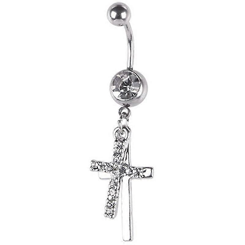 Rhinestone Double Cross Dangle Navel Belly Button Barbell Ring Body Piercing Jewelry