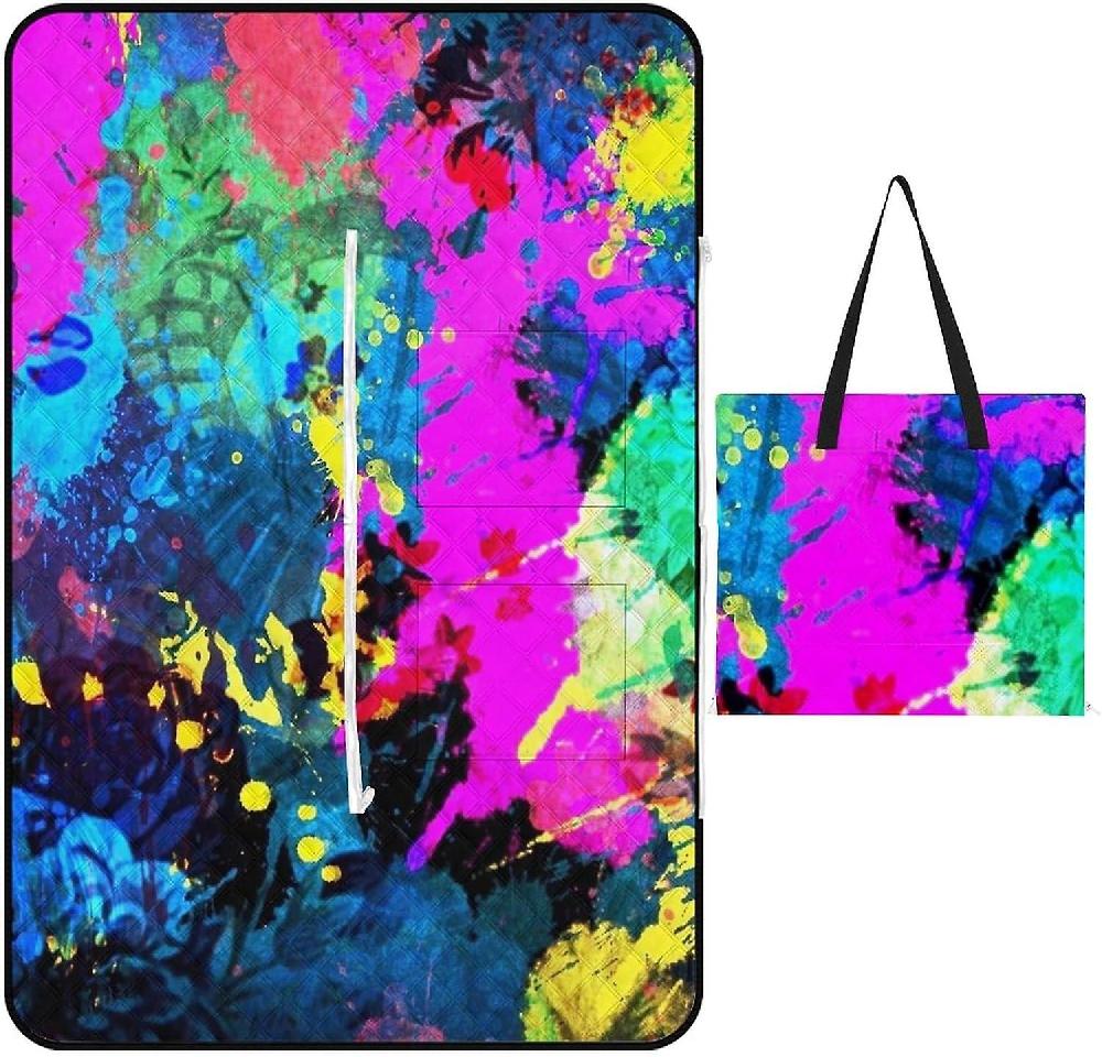 RLGDOFDF13 Cute Sandproof Picnic Blankets Camping Foldable Beach Mat Portable Tote Bag Compatible with Paint Splatter Dark Colorful