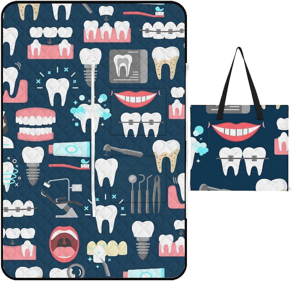 RLGDOFDF14 Fashion Foldable Beach Mat Portable Tote Bag Sandproof Picnic Blankets Camping Compatible with Teeth Dental Seamless Pattern