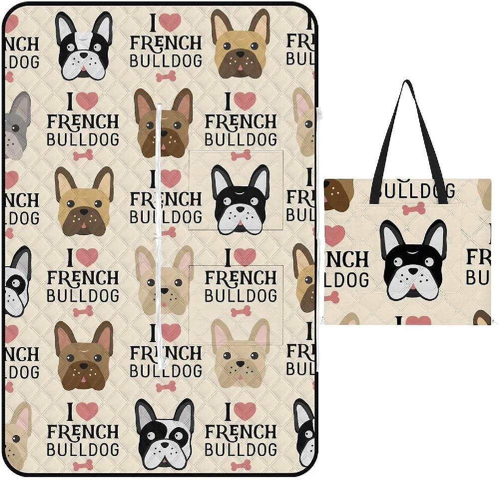 RLGDOFDF50 Outdoor Foldable Portable Tote Bag Picnic Mat Picnic Beach Blanket with Zipper Compatible with I Love French Bulldog-Color141