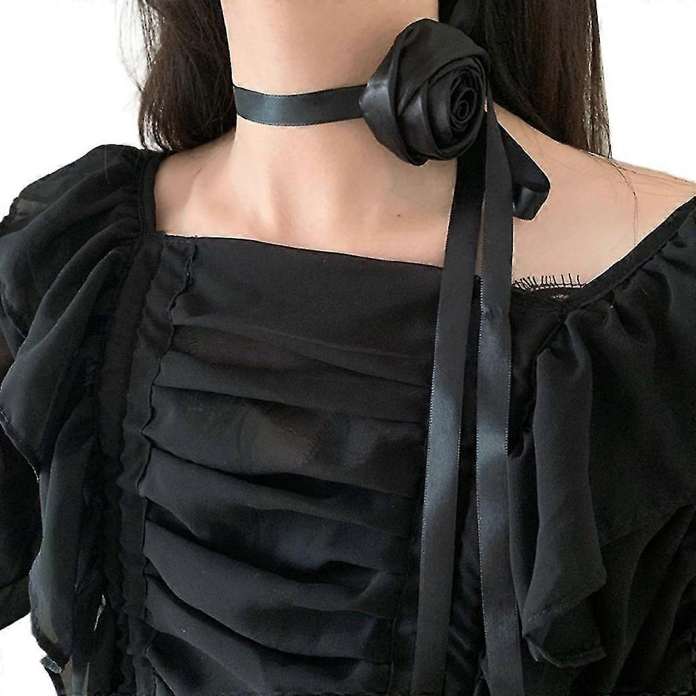 Rose Pendant All-match Clavicle Chain Adjustable Satin Waistband Necklace Black-Model Code20825