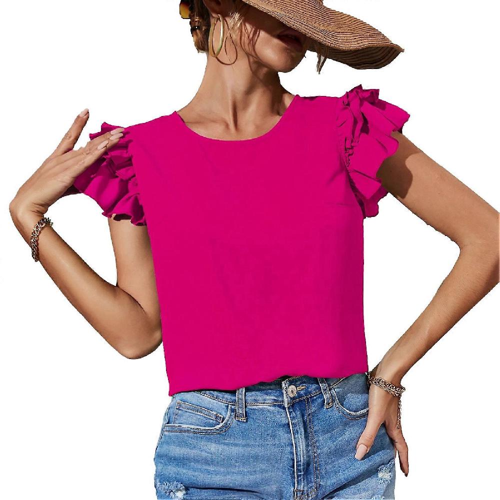 Rose Red L Women Layered Ruffle Sleeve Blouse Round Neck Pure Color Elegant Loose Fitting Casual Summer T Shirt