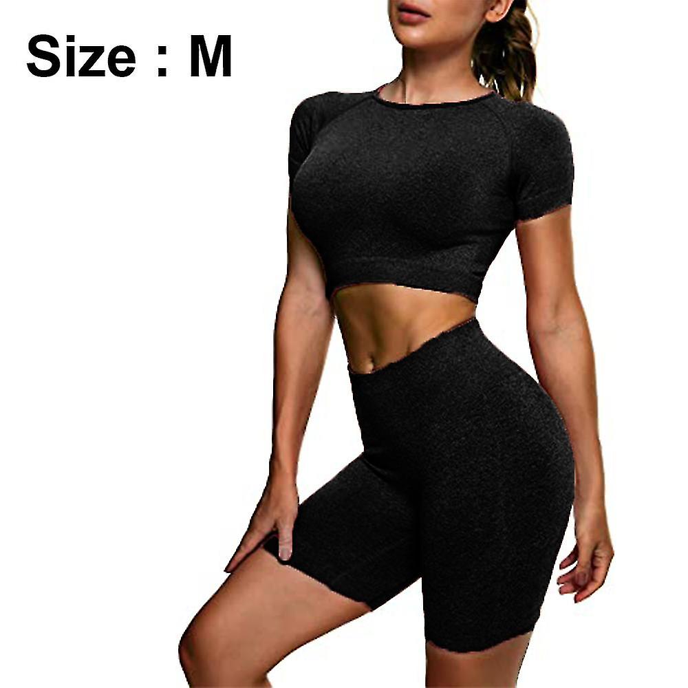 Seamless Women Yoga Sets 2pcs Short Sleeve Top And High Waist Leggings