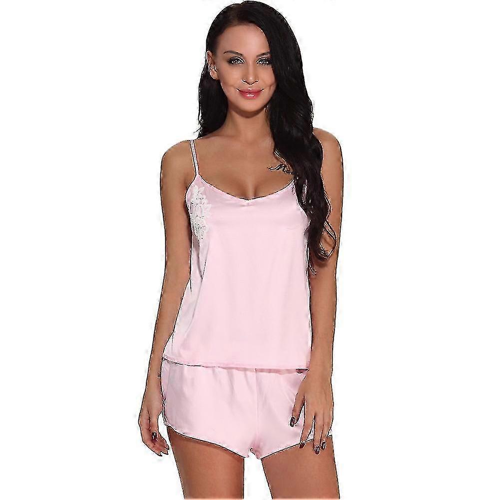 Sexy Donne Short Satin Pajamas Set Ricamato Fiore Camisole E Pantaloncini Pigiameria