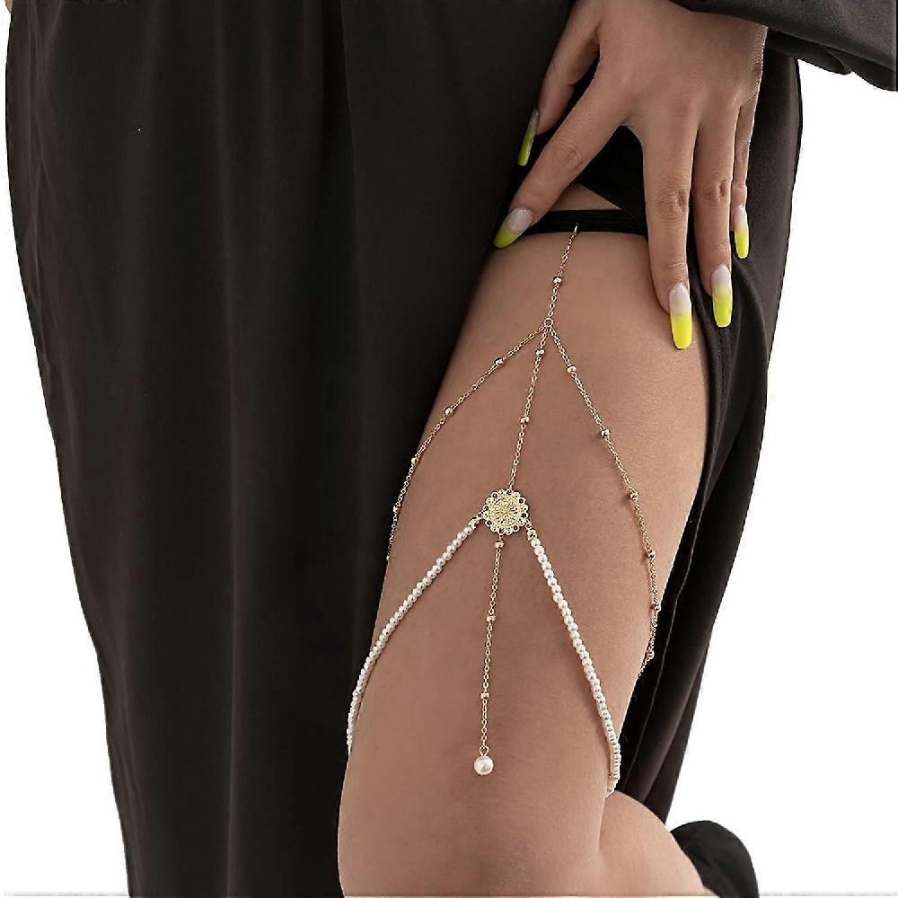 Sexy Pearl Thigh Chain Elastic Beaded Leg Chain Metal Tassel Multi-layer Le
