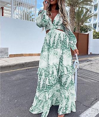 Sexy V-neck Backless Hollow Out Dress 2022 Autumn Women Lantern Sleeve Club Party Long Maxi Dresses Tunic Beach Cover Up A939a-1