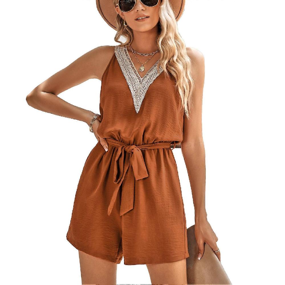 Short Jumpsuit V Neck Lace Stitching Sleeveless High Waisted Belt Fashionable Women Short Jumpsuit M Caramel Colour