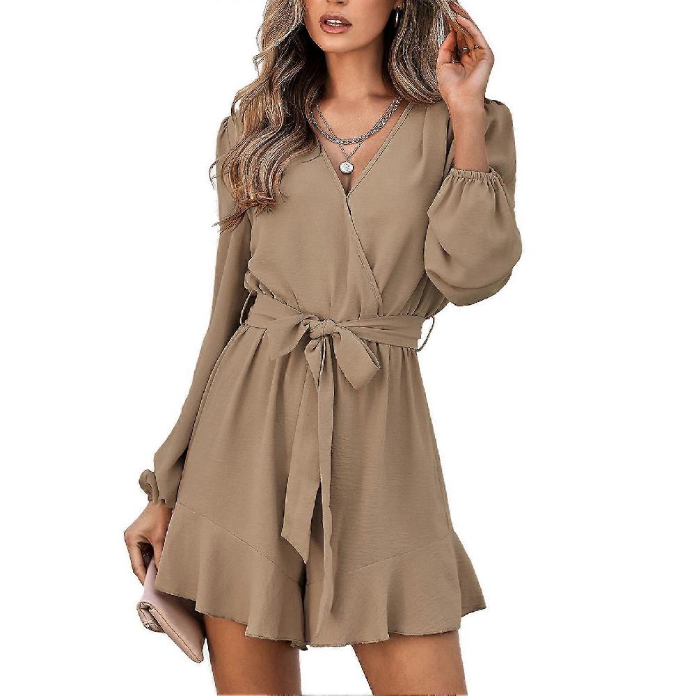 Short Jumpsuit V Neck Waist Tie Knot Ruffle Hem Long Sleeve Casual Fashionable Playsuit Jumpsuit For Women S Khaki